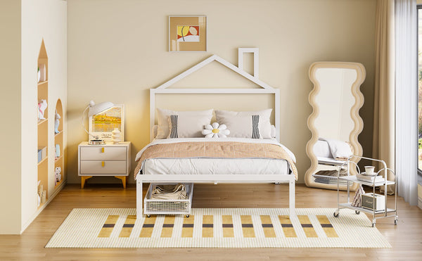 English Elm Full Metal Platform Bed with House-Style Headboard, Two Smooth Storage Drawers, Sturdy 350lb Capacity White MF320571AAK