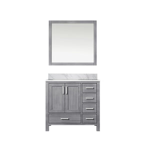 English Elm Distressed Grey Bath Vanity Set With Left Offset Carrara Marble Top & Elegant 34" Mirror Included B2731S00687