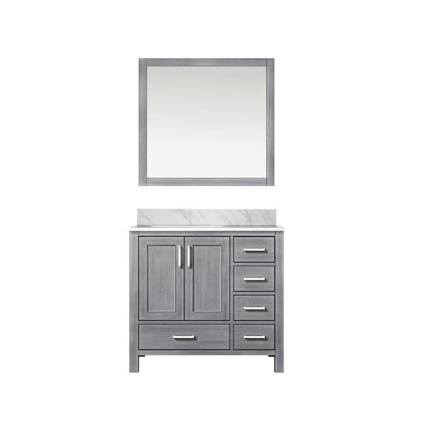 English Elm Distressed Grey Bath Vanity Set With Left Offset Carrara Marble Top & Elegant 34" Mirror Included B2731S00687