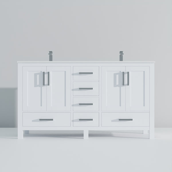 English Elm White Double Bath Vanity 60" W x 22" D with White Quartz Top, Soft-Close Drawers, Faucet Set Included B2731P259072