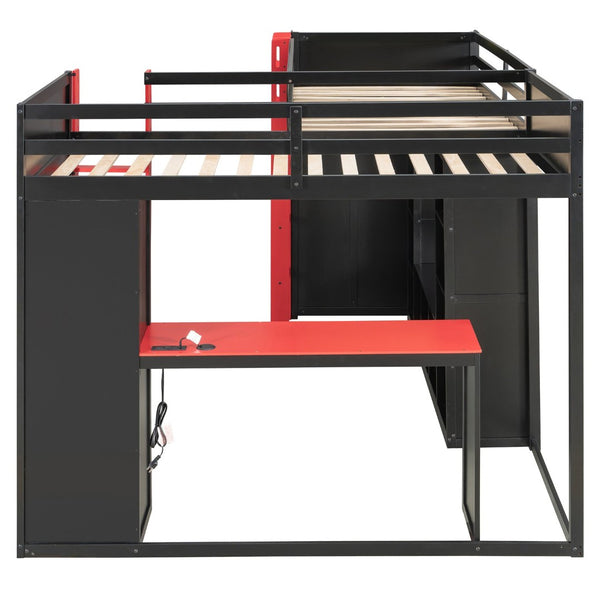 English Elm L-shaped Gaming Loft Bunk Bed Twin Wood Frame Rgb Lighting Usb Ports Storage Shelves Red LT000295AAR