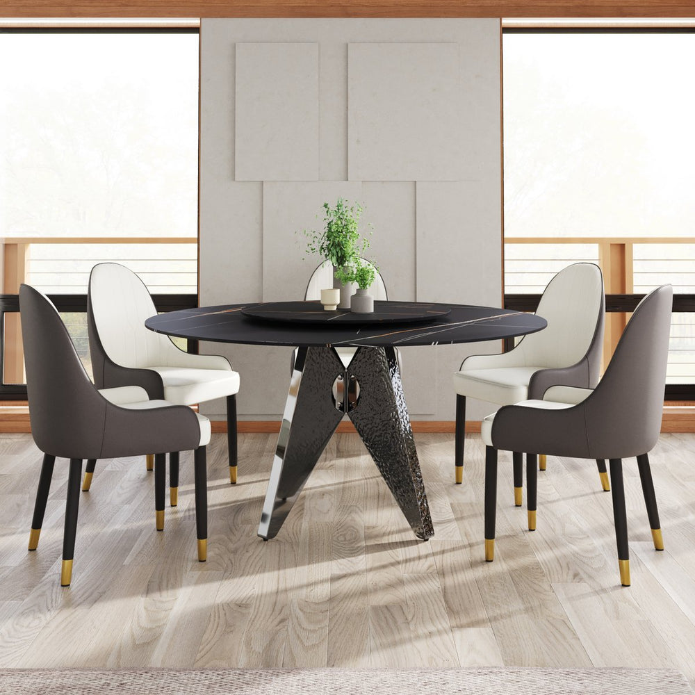 English Elm 59.05" Round Marble Dining Table With Silver Stainless Steel Base, Lazy Susan For 6-8 Guests, Elegant Design W1535S00392