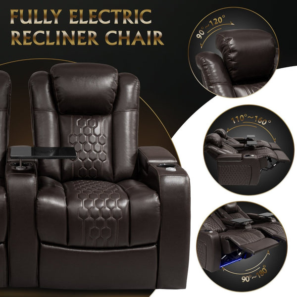 English Elm 68.9"power Recliner Set Top-grain Nappa Leather Rgb Led Home Theater Seating Coffee W3819S00100