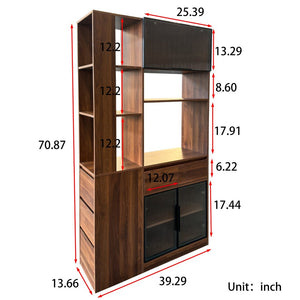 English Elm 70.87"h Tall Storage Cabinet Glass Panel Doors Asymmetric Drawers Modern Hallway Organizer W331S00205