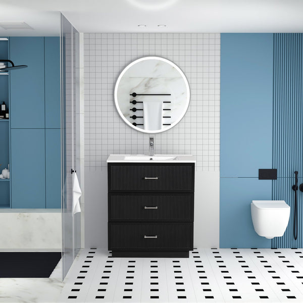 English Elm 30 Inch Bathroom Vanity With Ceramic Sink Combo - Modern Black Freestanding Storage Cabinet Set W1550S00047