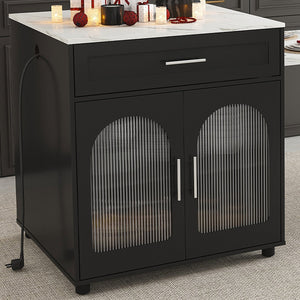 English Elm 80-inch Expandable Kitchen Island with Charging Station, Solid Wood-Grain Top, Mobile Storage Cart Black W2700S00075