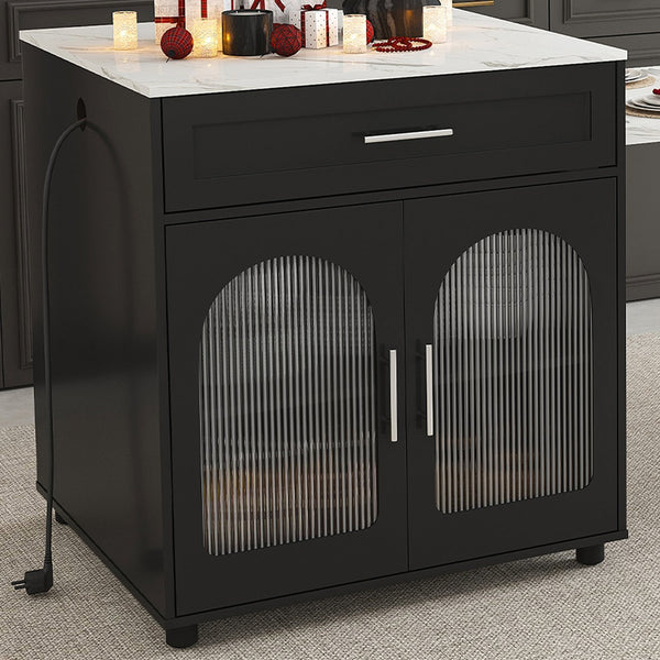 English Elm 80-inch Expandable Kitchen Island with Charging Station, Solid Wood-Grain Top, Mobile Storage Cart Black W2700S00075