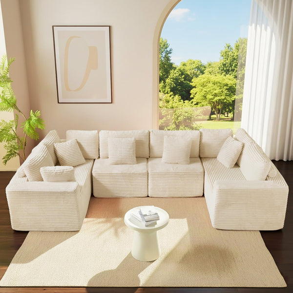 English Elm 135.5" Beige Corduroy U-shaped Sectional Six-seater with Reversible Chaise for Living Rooms W3276S00019