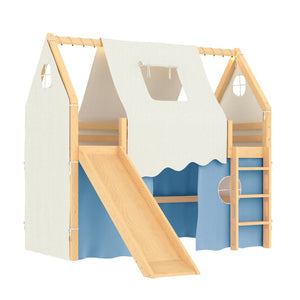 English Elm Twin Pine Loft Bed with House Frame Tent Led Lights Slide and Floor Space Below W1580S00290