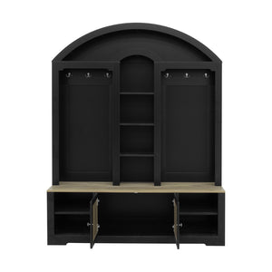 English Elm Multi-functional Hall Tree with Mdf Body Open Shelves Hooks and Scandinavian Two-tone Style Black+Natural SJ000158AAB