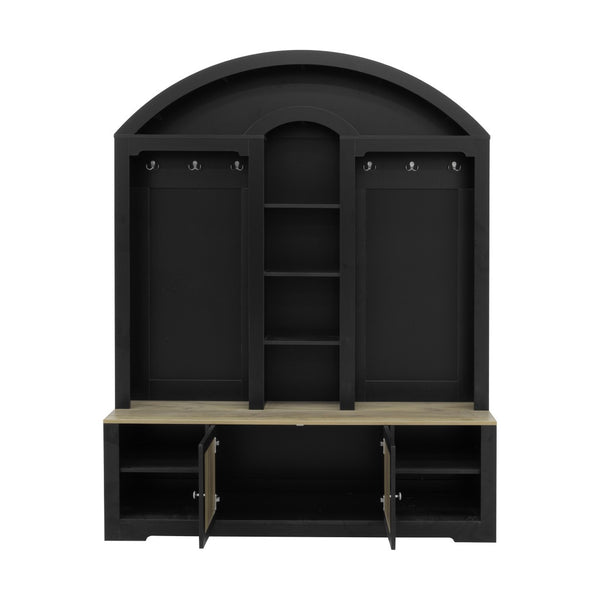 English Elm Multi-functional Hall Tree with Mdf Body Open Shelves Hooks and Scandinavian Two-tone Style Black+Natural SJ000158AAB