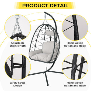 English Elm Hanging Wicker Egg Swing Chair with Stand Ergonomic Cradle for Patio or Bedroom T5880P497555