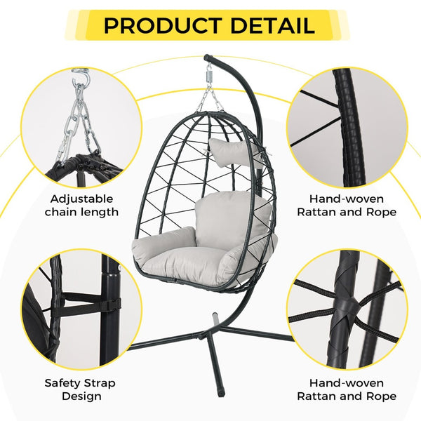 English Elm Hanging Wicker Egg Swing Chair with Stand Ergonomic Cradle for Patio or Bedroom T5880P497555