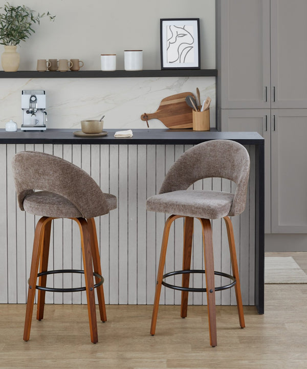 English Elm Fixed-height Mid-century Barstools with Walnut Legs and Grey Upholstered Seats Set B202S01931