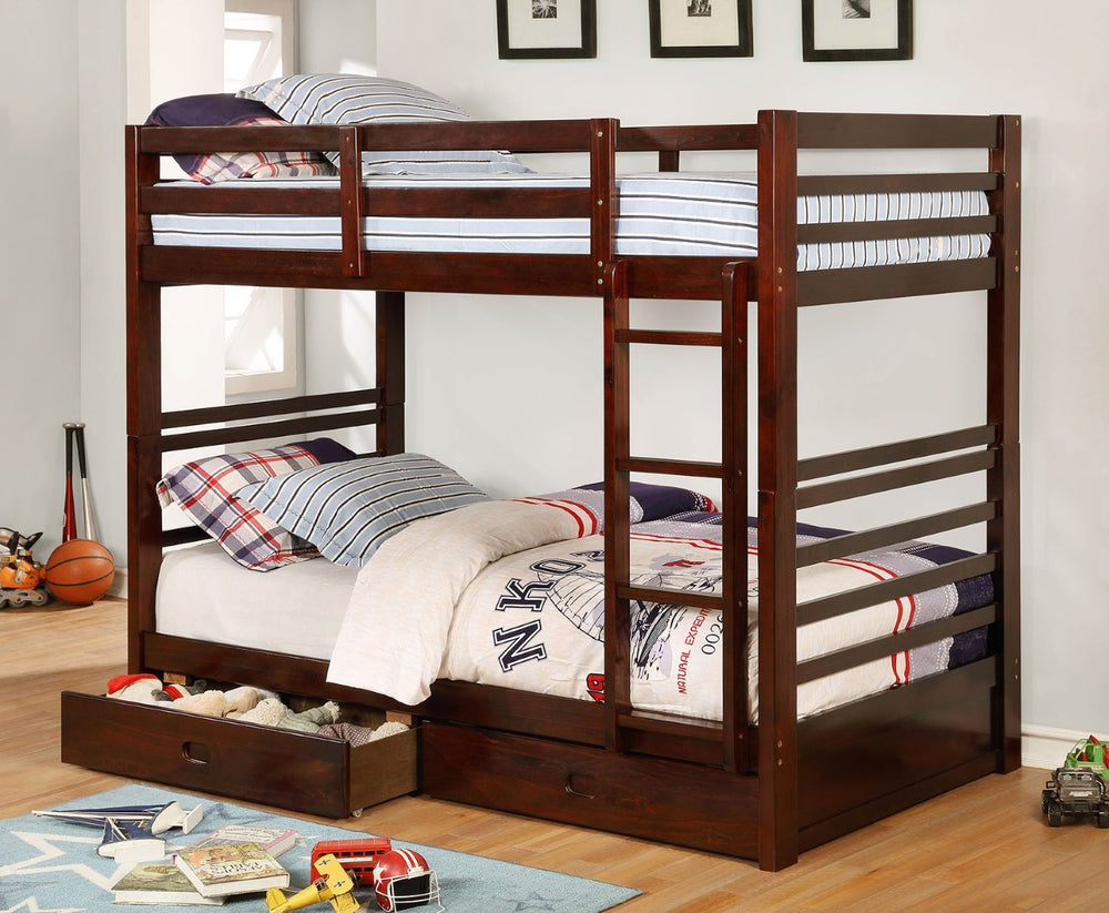English Elm Twin Over Twin Bunk Bed With Built-In Storage, Attached Ladder & Dark Walnut Finish For Kids' Rooms B2741S00338-GIGA