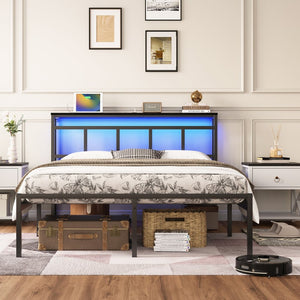 English Elm 14 Inch Twin Platform Bed Walnut Headboard Led Lighting Usb Charging Storage Shelf W1670P420448