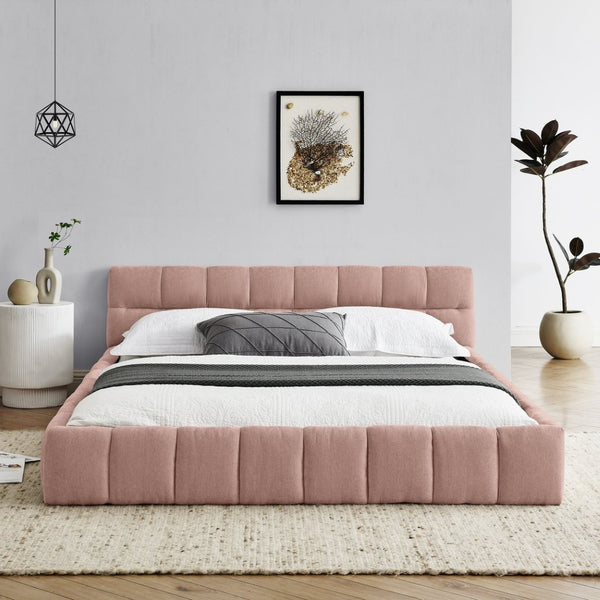 English Elm Queen Size Upholstered Platform Bed In Soft Pink Chenille - No Box Spring Needed, Stylish & Durable W487S00320-GIGA