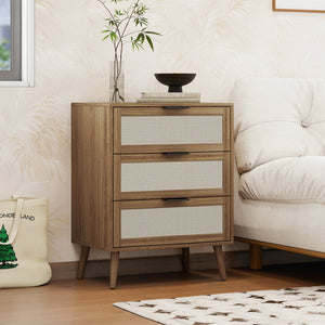English Elm 3 Drawer Cabinet with Rattan Fronts, Anti-Tip Safety, Tapered Solid Wood Legs, Breathable Back Panel W688121311