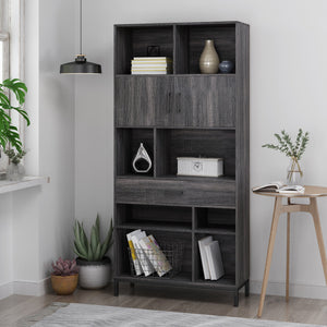 English Elm Christopher Knight Home® - CUBE Contemporary Cube Unit Bookcase in Grey Oak with Faux Wood, Iron Legs, Shelves, Drawer & Cabinets 66446.00