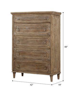 English Elm Wallace & Bay - Taupe Rustic 5-Drawer Chest in Sandstone Buff Finish — Spacious, Low-Maintenance Wood Storage, 60"H B361P384432