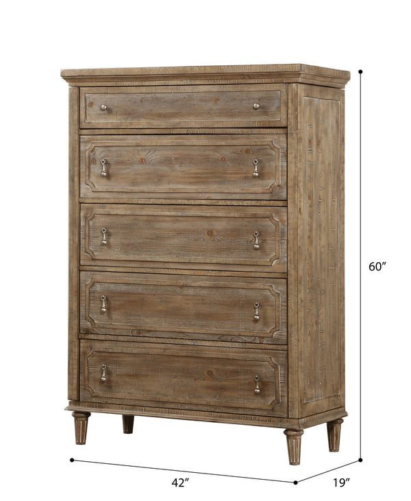 English Elm Wallace & Bay - Taupe Rustic 5-Drawer Chest in Sandstone Buff Finish — Spacious, Low-Maintenance Wood Storage, 60"H B361P384432