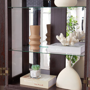 English Elm Lighted Glass Curio Display Cabinet with Quiet Hinge, Internal LED Lighting, Adjustable Shelves, Vintage Carved Handle Cherry W2275P199810