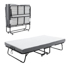 English Elm Folding Bed with Memory Foam Mattress, 75"x38" Rollaway Guest Bed on Wheels, 350lb Capacity, Compact Storage W1422P177281