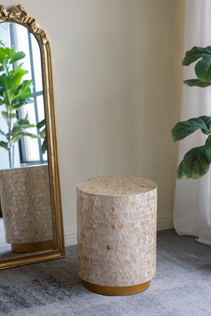 English Elm 14x14x18" Capiz Stool with Ogee Pattern and Brass Base — Modern Geometric Accent Seat for Living Spaces Gold W2078P326509