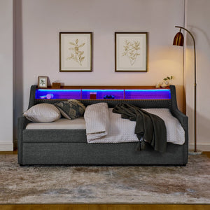 English Elm Twin Size Upholstery Sofa Bed With Led Lighting, Wireless Charging & Storage Trundle For Modern Living W1413S00057-GIGA