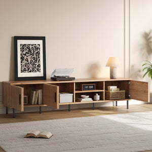 English Elm 78 Inch Low Profile Media Console with Pine Legs Soft Close Doors for Living Room N710P429513P