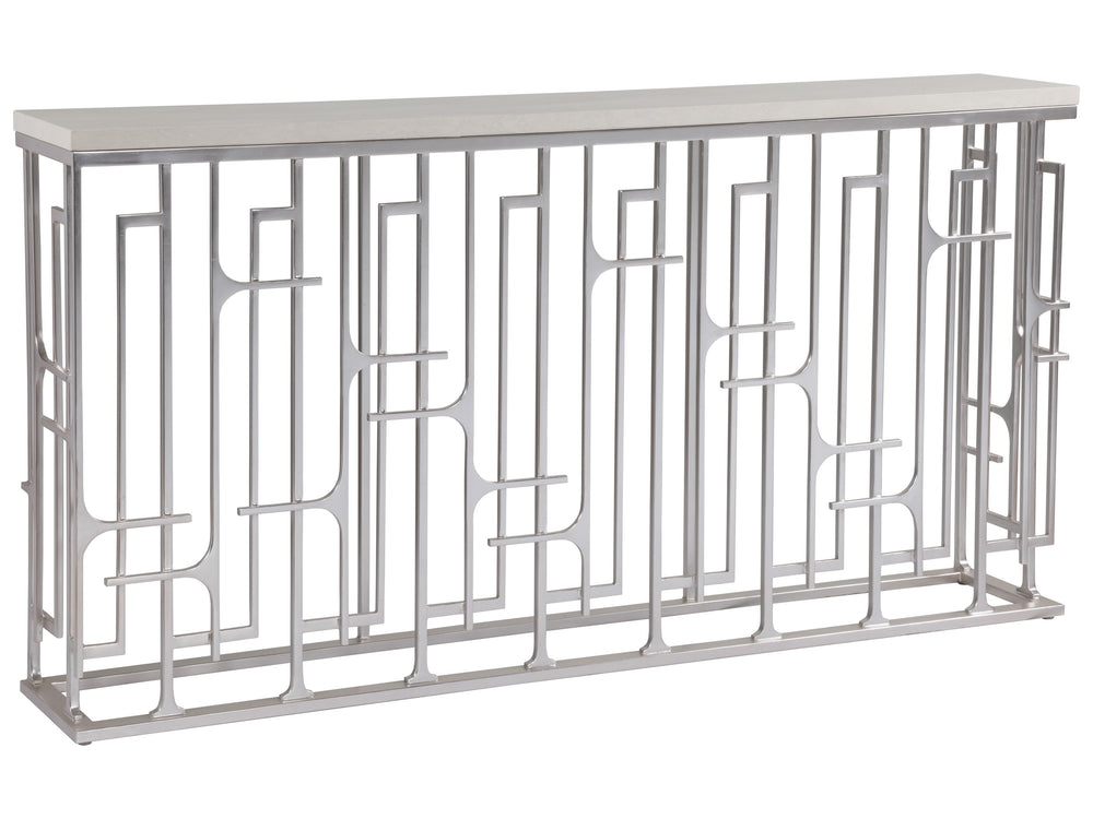 Lexington Artistica Home Mar Monte Grate Console: Elegant Anticato Marble Top With Hammered Iron Base In Warm Silver Leaf Finish Taupe Wood 2300-968