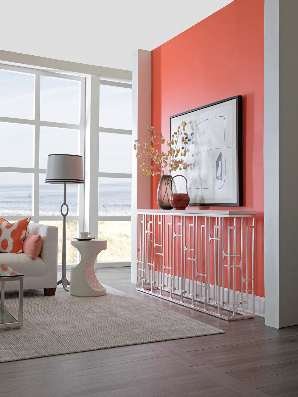 Lexington Artistica Home Mar Monte Grate Console: Elegant Anticato Marble Top With Hammered Iron Base In Warm Silver Leaf Finish Taupe Wood 2300-968