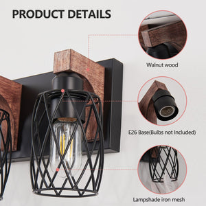 English Elm 18" Industrial Vintage 3-Light Wall Sconce Black Cage with Walnut Wood Accents for Bath Hallway W2312P374837