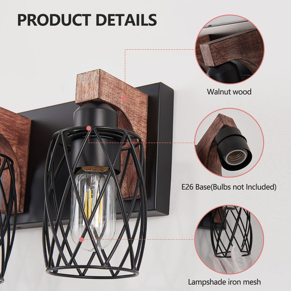 English Elm 18" Industrial Vintage 3-Light Wall Sconce Black Cage with Walnut Wood Accents for Bath Hallway W2312P374837