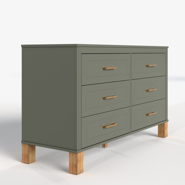 English Elm 6-drawer Double Dresser Solid Wood Legs Mid-century Modern Bedroom Storage Cabinet Olive W1445S00005