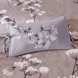 JLA Home N Natori - Embroidered Natori Sakura Blossom Oblong Pillow with Bow-Tie Trim, OEKO-TEX, Hidden Zipper, 12x20" NS30-3259