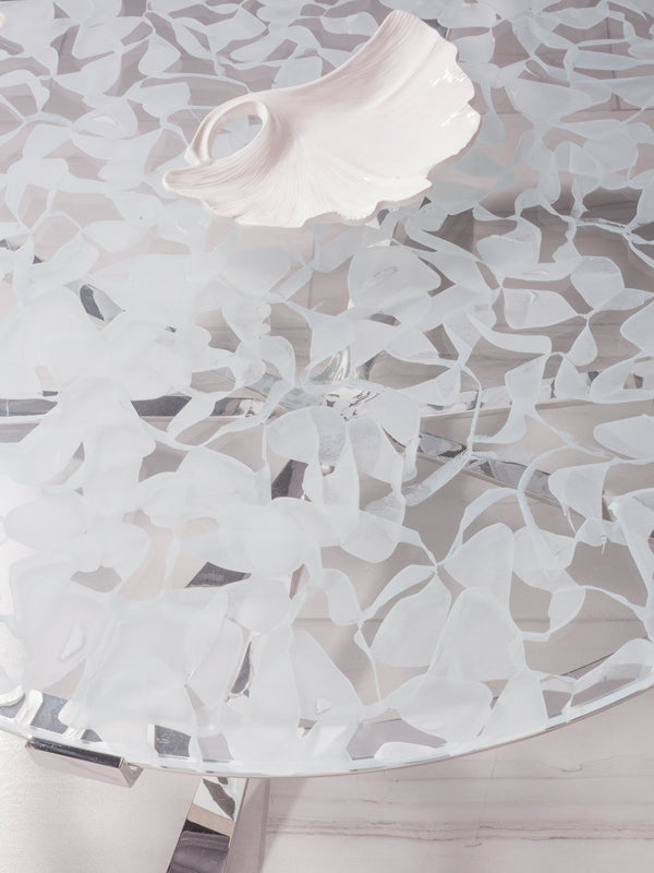 Lexington Artistica Home Snowscape Round Cocktail Table: Unique 3d Art Glass Top On Polished Stainless Steel Base For Elegance Stainless Steel Wood 2301-943c