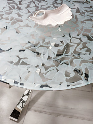 Lexington Artistica Home Snowscape Round Cocktail Table: Unique 3d Art Glass Top On Polished Stainless Steel Base For Elegance Stainless Steel Wood 2301-943c