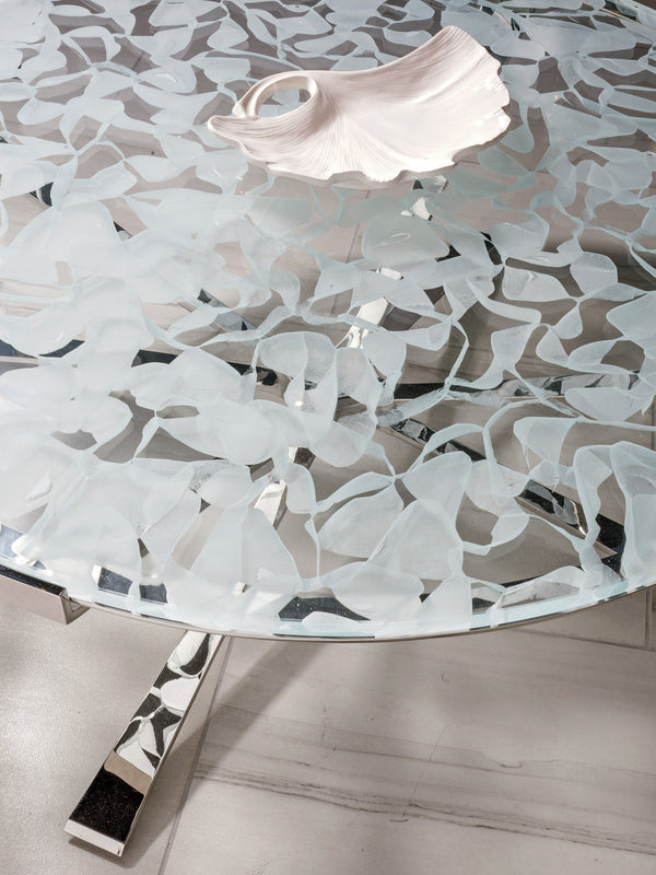 Lexington Artistica Home Snowscape Round Cocktail Table: Unique 3d Art Glass Top On Polished Stainless Steel Base For Elegance Stainless Steel Wood 2301-943c