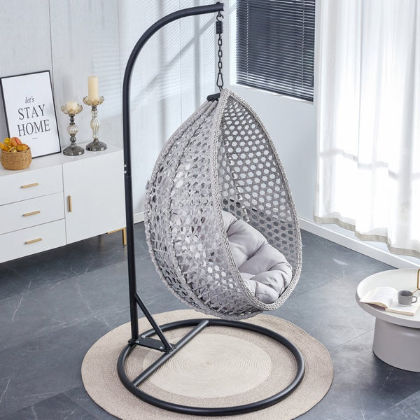 English Elm 76.8-inch Hand Woven Rattan Egg Swing Chair Indoor Outdoor with Cushion Lumbar Pillow Gray W1512P498595