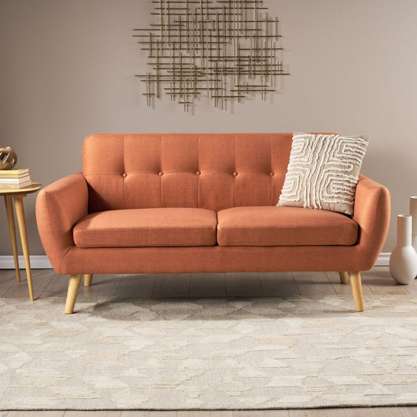 English Elm 67.25" Button Tufted Mid-century Loveseat with Rubberwood Legs for Compact Living Spaces Burnt Orange N771P371392D
