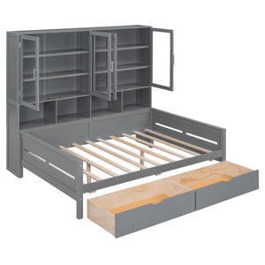 English Elm Full Size Wooden Daybed With Stylish Led Lighting, Glass Storage Cabinets & Versatile Shelves In Gray N820S00051E