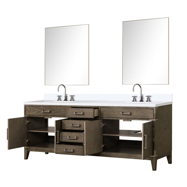 English Elm Grey Oak Double Bath Vanity Set With White Quartz Top, Faucets, And 36" Mirrors For Stylish Bathrooms B2731S01885