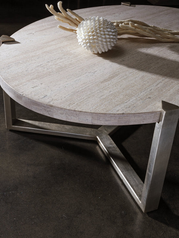 Lexington Artistica Home Denizen Cocktail Table - Contemporary Design With Honed White Vein Travertine And Iron Base Charm Silver Leaf Wood 2303-949