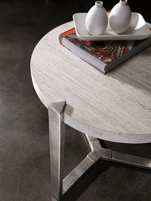 Lexington Artistica Home Denizen Round Lamp Table – Stunning White Vein Travertine Top With Elegant Iron Base In Silver Leaf Finish Silver Leaf Wood 2303-953