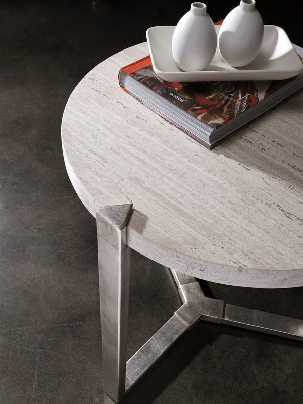 Lexington Artistica Home Denizen Round Lamp Table – Stunning White Vein Travertine Top With Elegant Iron Base In Silver Leaf Finish Silver Leaf Wood 2303-953