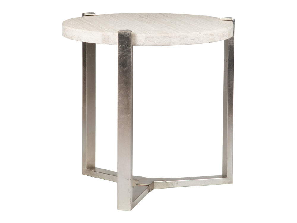 Lexington Artistica Home Denizen Round Lamp Table – Stunning White Vein Travertine Top With Elegant Iron Base In Silver Leaf Finish Silver Leaf Wood 2303-953