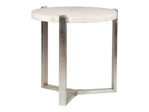Lexington Artistica Home Denizen Round Lamp Table – Stunning White Vein Travertine Top With Elegant Iron Base In Silver Leaf Finish Silver Leaf Wood 2303-953