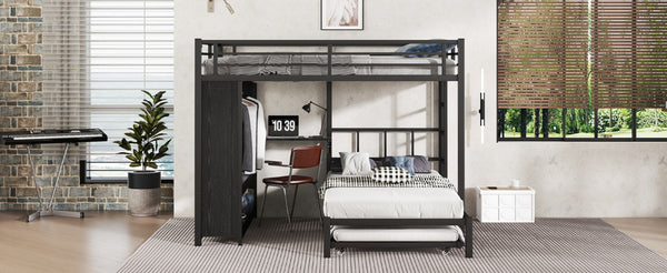 English Elm Queen Over Twin Bunk Bed With Wardrobe, Trundle, Foldable Desk & Noise-Reducing Design In Black W1580S00137-GIGA