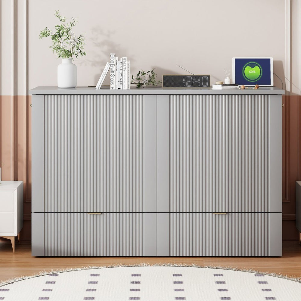 English Elm Full Size Wall Murphy Bed Cabinet with Usb Ports Drawer and Pulley Lift Gray Finish LP100770AAE